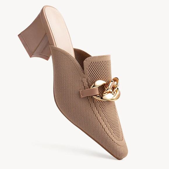 Newbella NWT Women's Knit Mesh Pointed Toe Heeled Mules Gold Link Apricot Size 8 - Picture 2 of 10